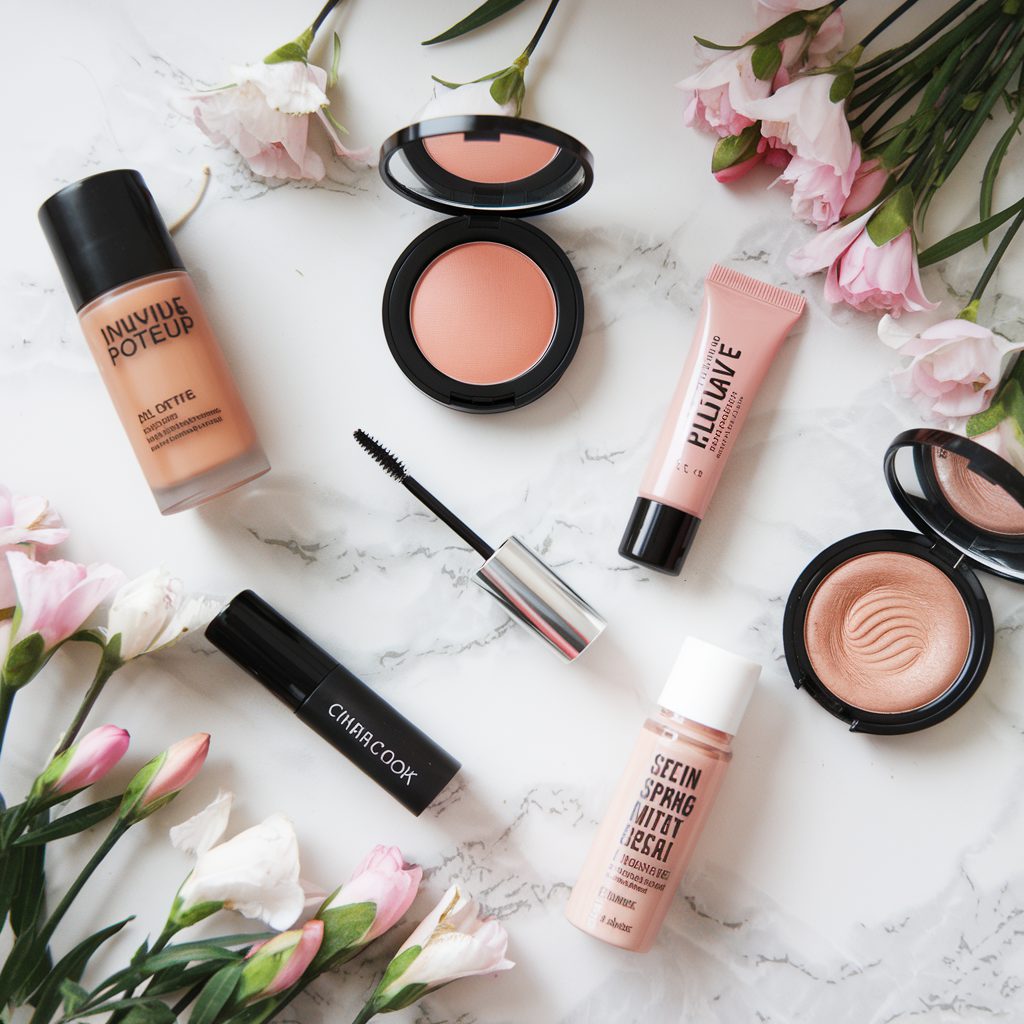 7-product spring capsule makeup flat lay