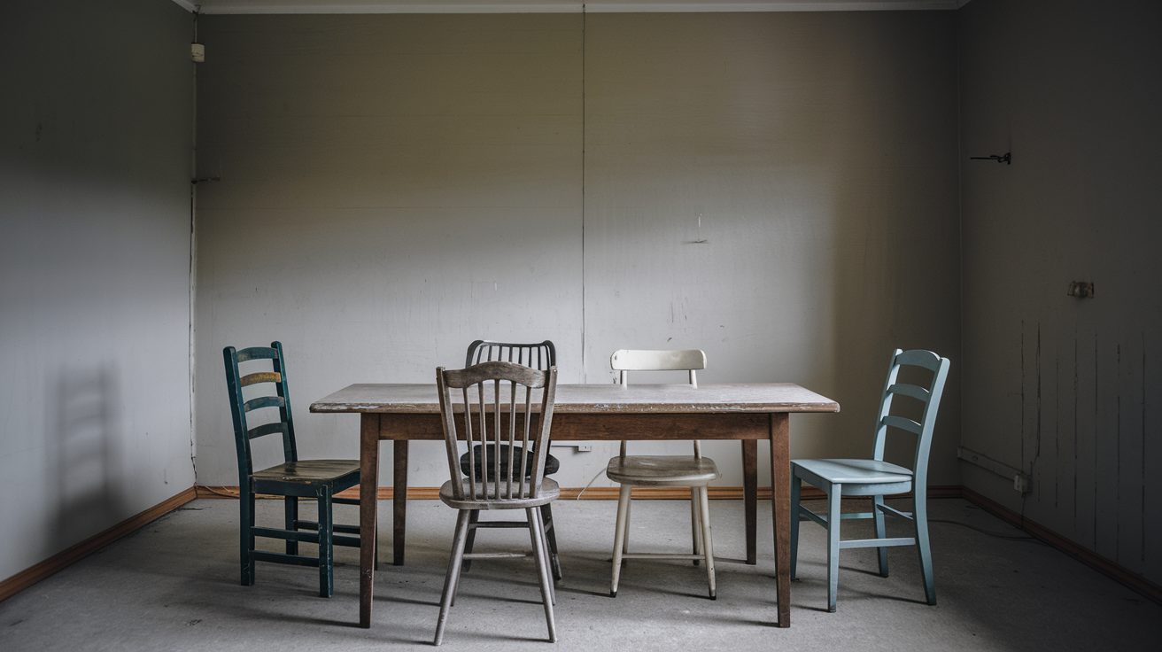 Dining room before makeover showing bare walls and mismatched chairs