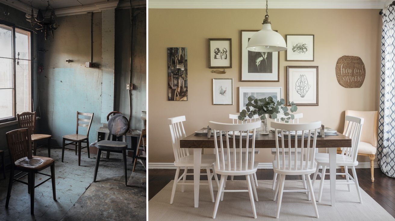Dining room before and after makeover on a budget side-by-side comparison showing full transformation