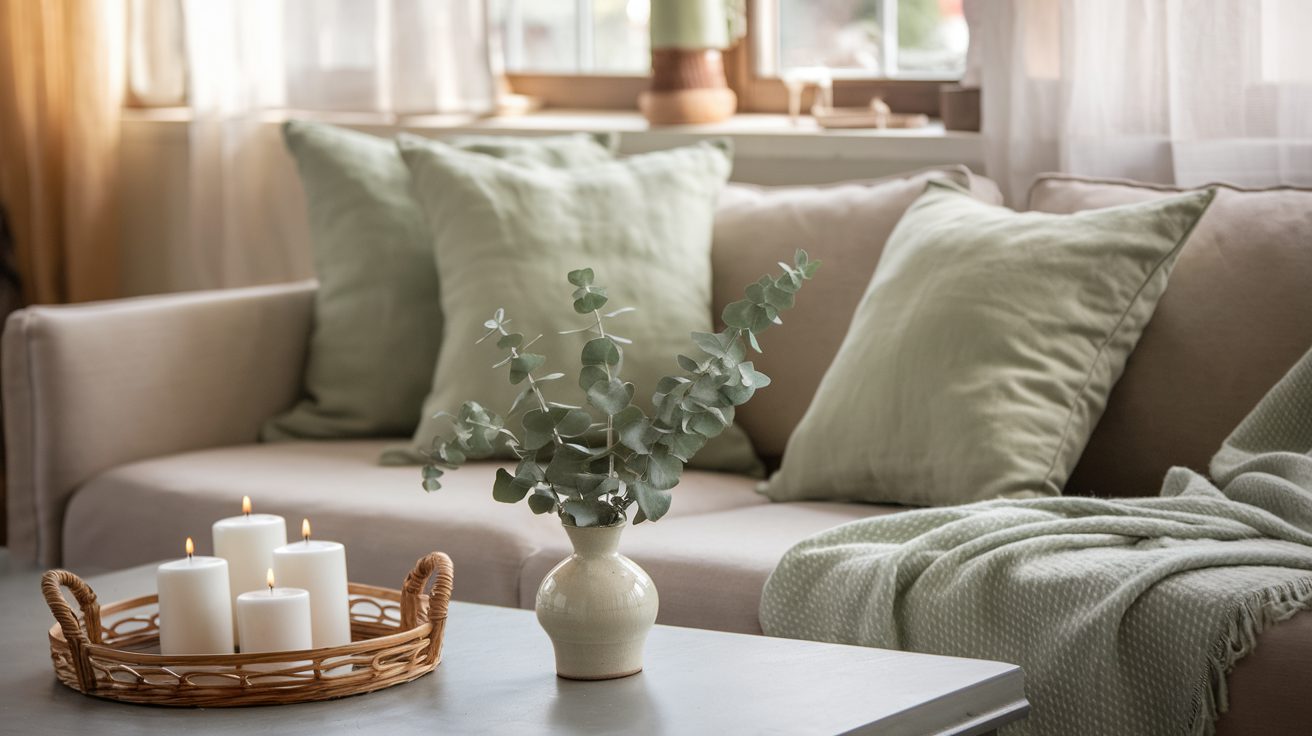 Dollar store spring decor ideas for living room — sage green pillows, eucalyptus vase, wicker tray