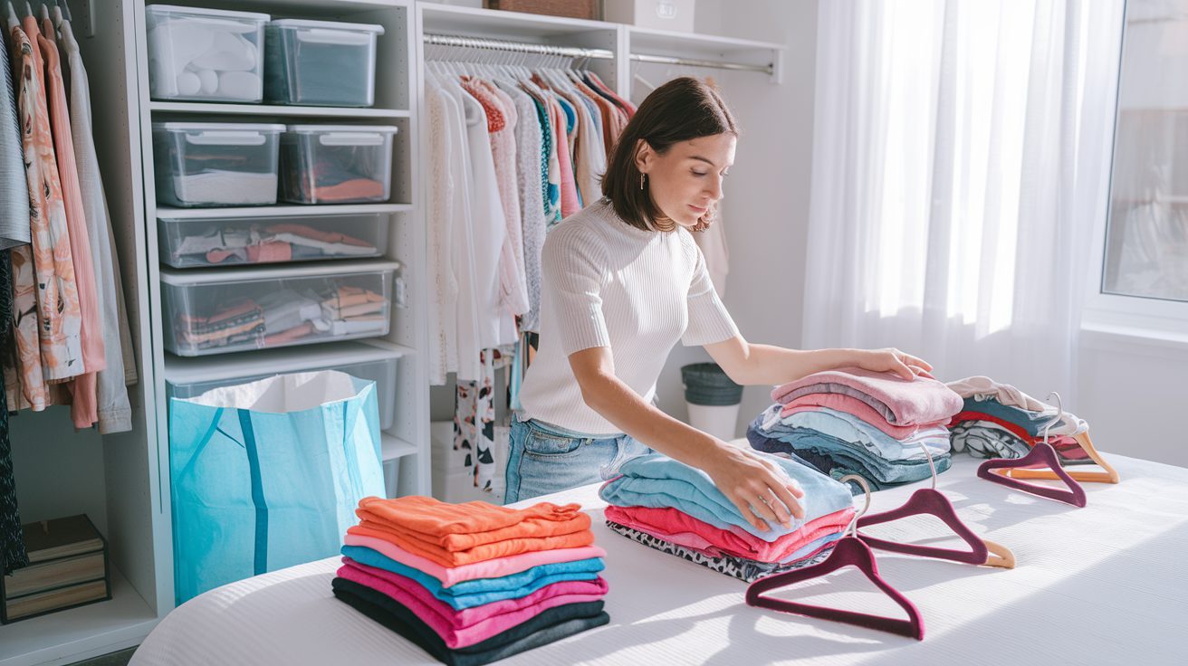 Spring closet cleanout using the 15-minute method - organized clothes on bed with donation bag